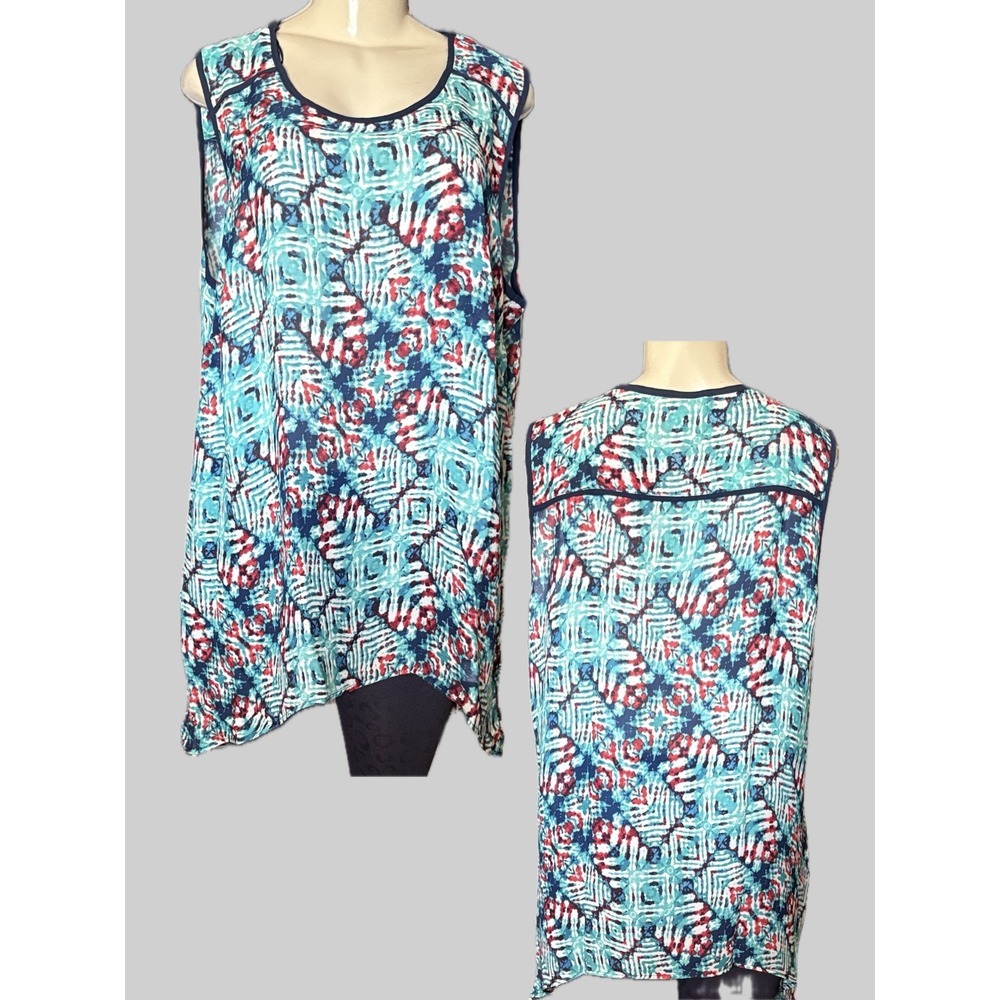Krazy Kat Juniors 2X Teal Red Geometric Print Handkerchief Hem Sleeveless Top